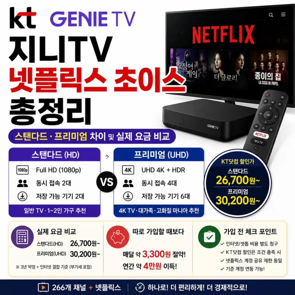 KT 지니TV 넷플릭스 초이스 총정리｜스탠다드·프리미엄 차이 및 실제 요금 비교