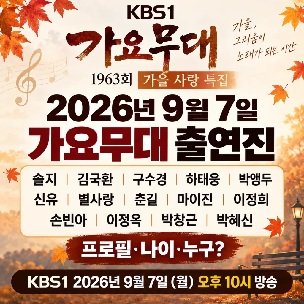 2026년 9월 7일 가요무대 출연진, 솔지·김국환·구수경·하태웅·박앵두·신유·별사랑·춘길·마이진·이정희·손빈아·이정옥·박창근·박혜신 프로필 나이 누구?