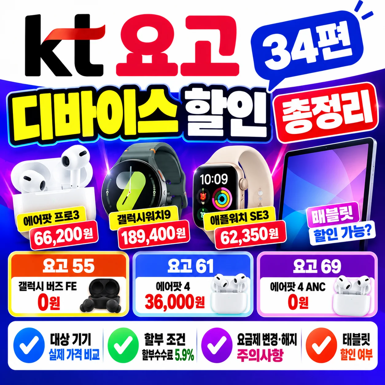 KT 요고 디바이스 할인 에어팟 프로3 갤럭시워치9 애플워치 요고 55 61 69 할인 가격 비교