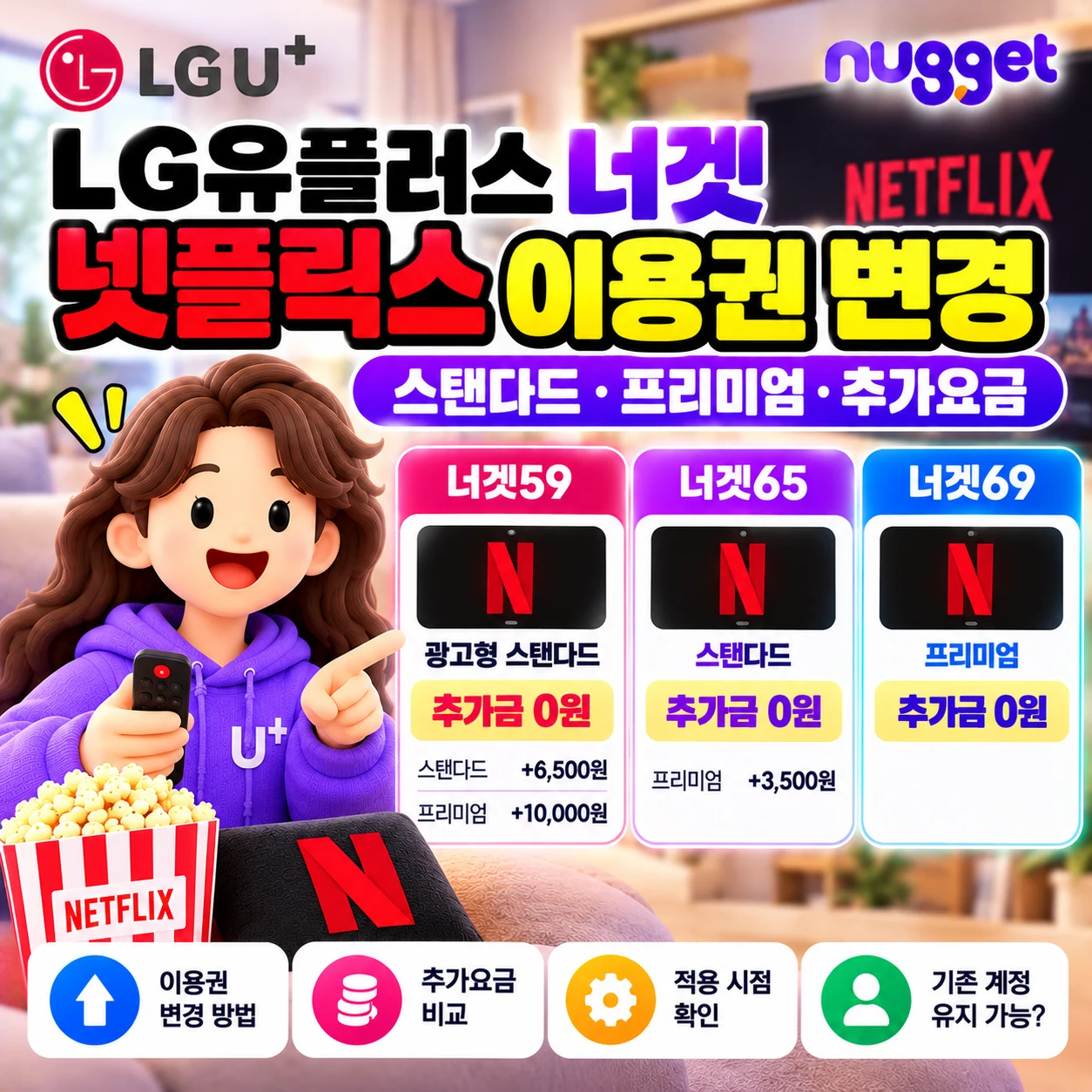 LG유플러스 너겟 넷플릭스 이용권 변경 스탠다드 프리미엄 추가요금 비교