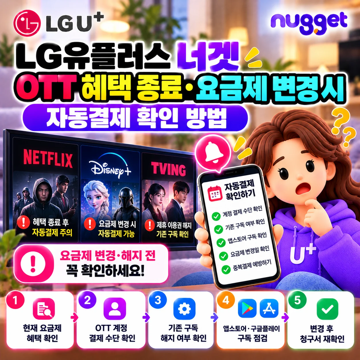 LG유플러스 너겟 OTT 혜택 종료 및 요금제 변경 시 넷플릭스 티빙 디즈니플러스 자동결제 확인 방법