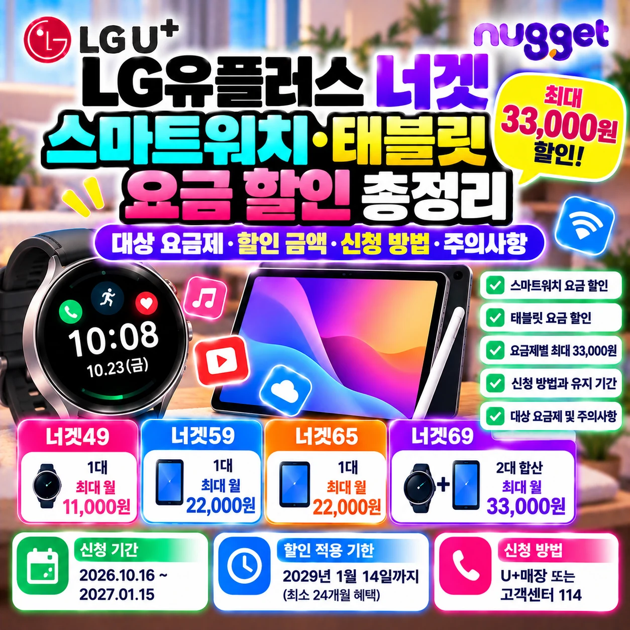 LG유플러스 너겟 스마트워치 할인 태블릿 요금 최대 33000원 프로모션 대상 요금제 및 신청 방법
